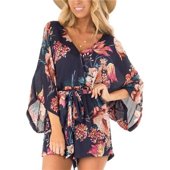 Multi Floral Rose Printed Chiffon Belted Ruffle Long Sleeve Romper‎ Short Dress - Picture 1 of 6